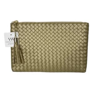 Virginia Wolf Mimi Curateur Gold Metallic Clutch Bag Faux Leather Woven Pouch